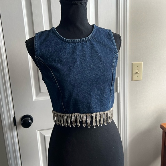 Altar'd State Blue Denim Crop Top with rhinestone Fringe - Picture 2 of 12